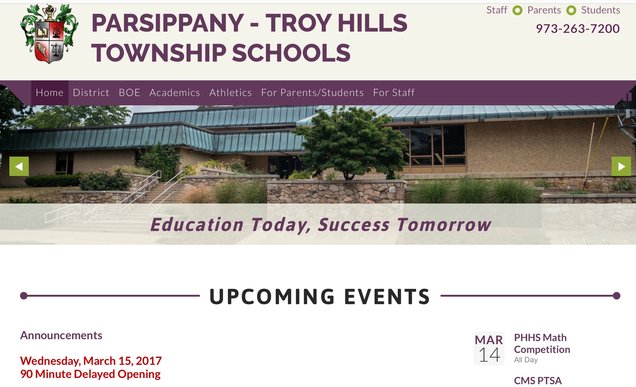 March 15th - Parsippany-Troy Hills Schools - 90 minute delayed opening