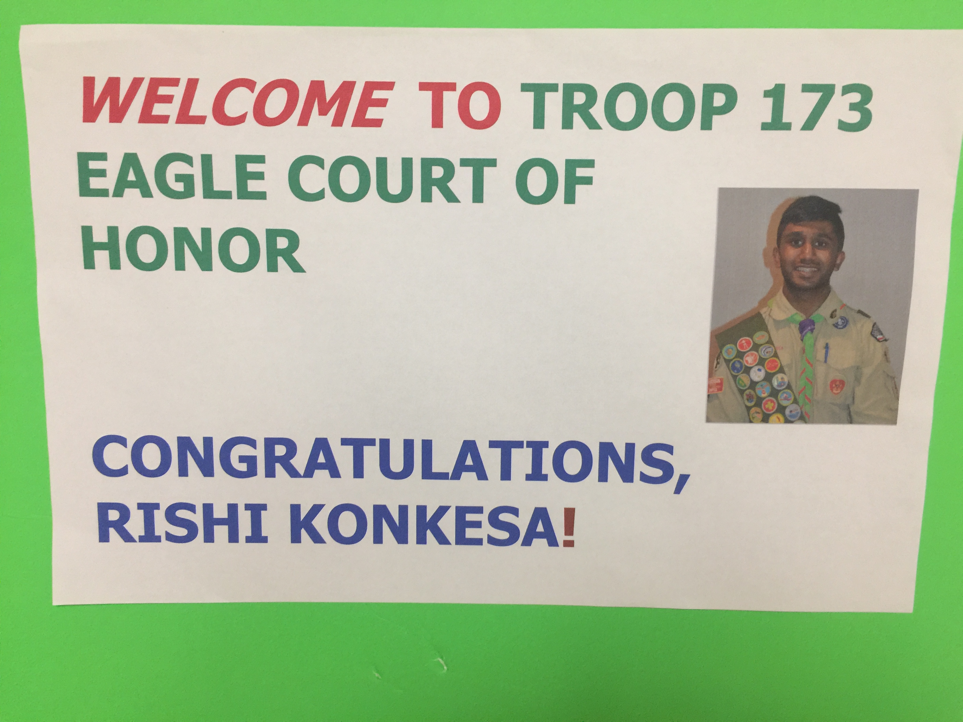 Rishi Sai Konkesa of Troop 173 in Parsippany earns the Rank of Eagle Scout